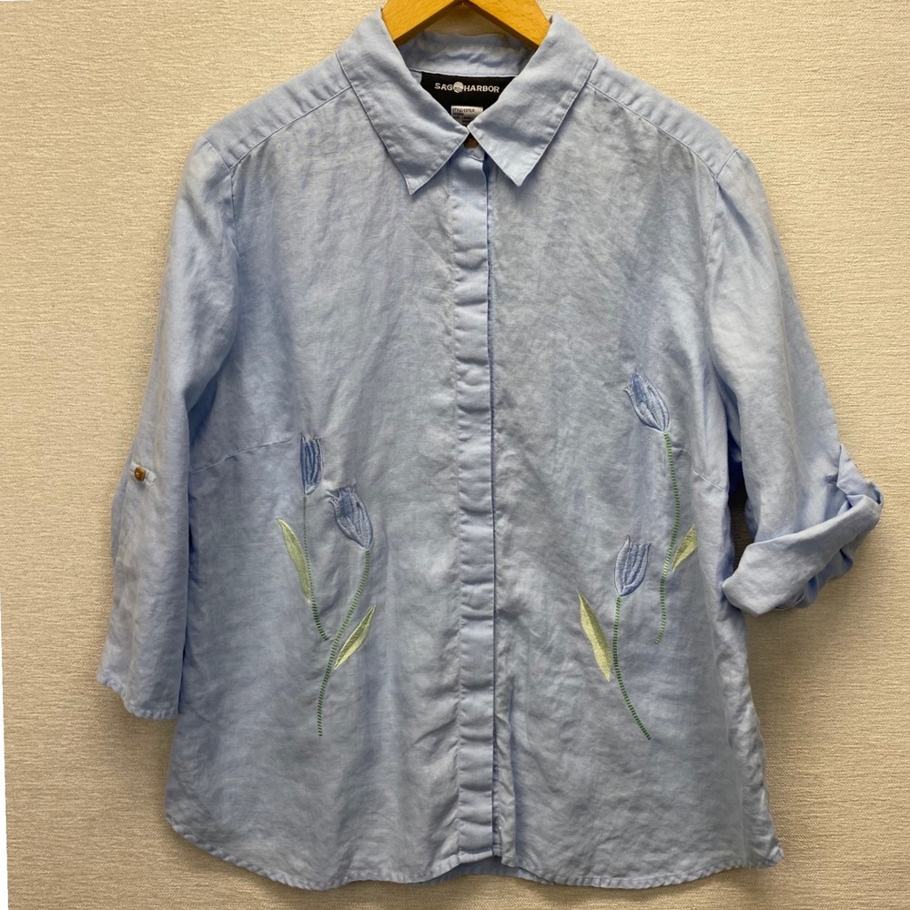 Sag Harbor Womens Blue 100% Linen Floral Embroidered Roll Tab Shirt Large VTG - Picture 11 of 11